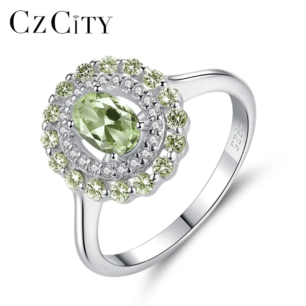 

CZCITY Exquisite Silver 925 Sterling Finger Rings For Women Olive Green Gem Oval Cut Engagement Ring Vintage Fine Jewelry Gift