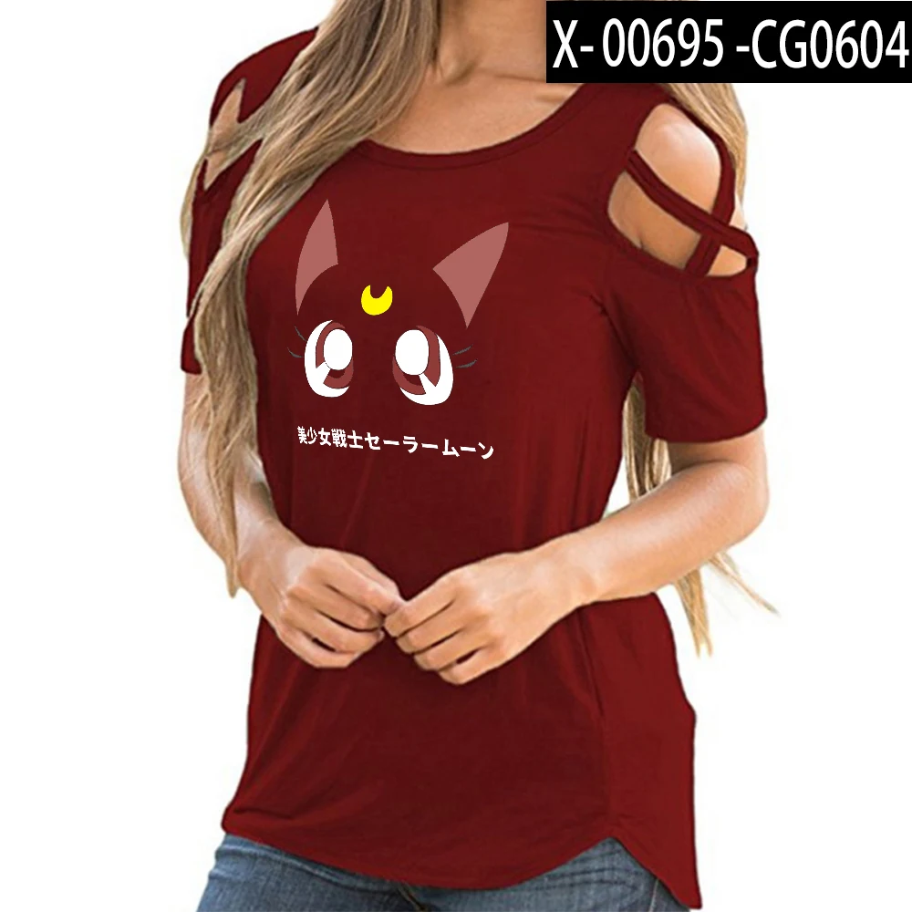 Сейлор Мун, модные принтованные футболки с открытыми плечами, женские летние футболки с коротким рукавом,,, Harajuku, уличная одежда, полые Топы - Цвет: Red
