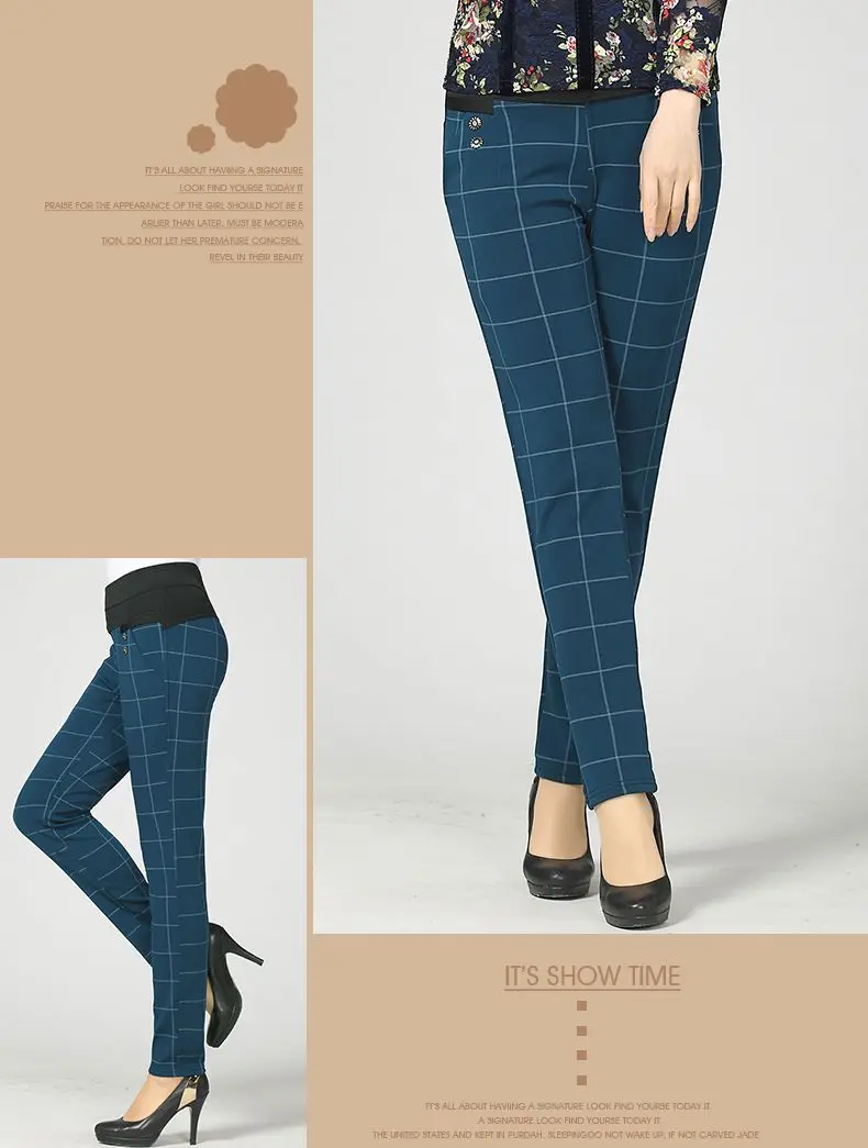 Woman Casual Pant Navy Blue Green Black Plaid Trousers Women Spring Autumn Winter Trouser High Waist Elastic Band Pantalonese Mujer  (20)