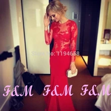 Rot o- Hals meerjungfrau brautkleider mit langen Ärmeln chiffon spitze applique formale abendkleider für party 2014 neuankömmling