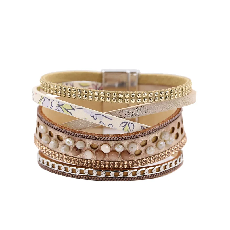 

Multilayer Wrap Bracelets for Women Boho Crystal Beads Leather Bracelet Vintage Rhinestone Cross Bangle armband 2019