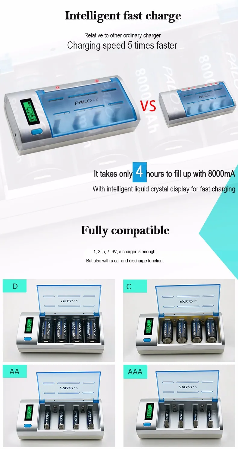 PALO Новинка перезаряжаемый ЖК-дисплей умный экран зарядное устройство для Ni-MH NI-CD AA/AAA/C/D/9 В размер батареи