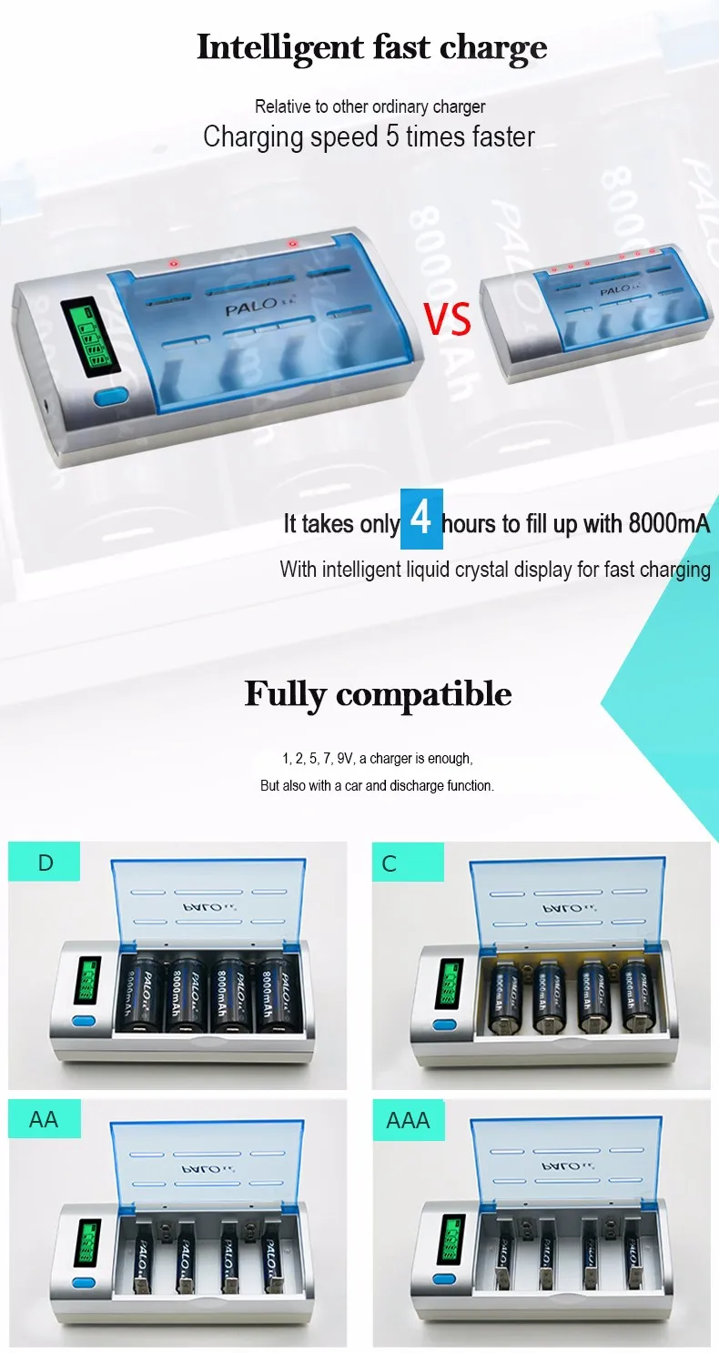 PALO New Rechargeable LCD Display Smart Screen Battery Charger For 1.2v Ni-MH NI-CD AA/AAA/C/D/9V Size Batteries usb charger for smart watch