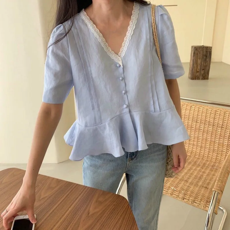 

Womens Summer Sweet Blouses V Neck Lace Shirt Ladies Elegant Ruffle Hem Tops Plus Size Blusas White Haut Femme Bluzki Damskie