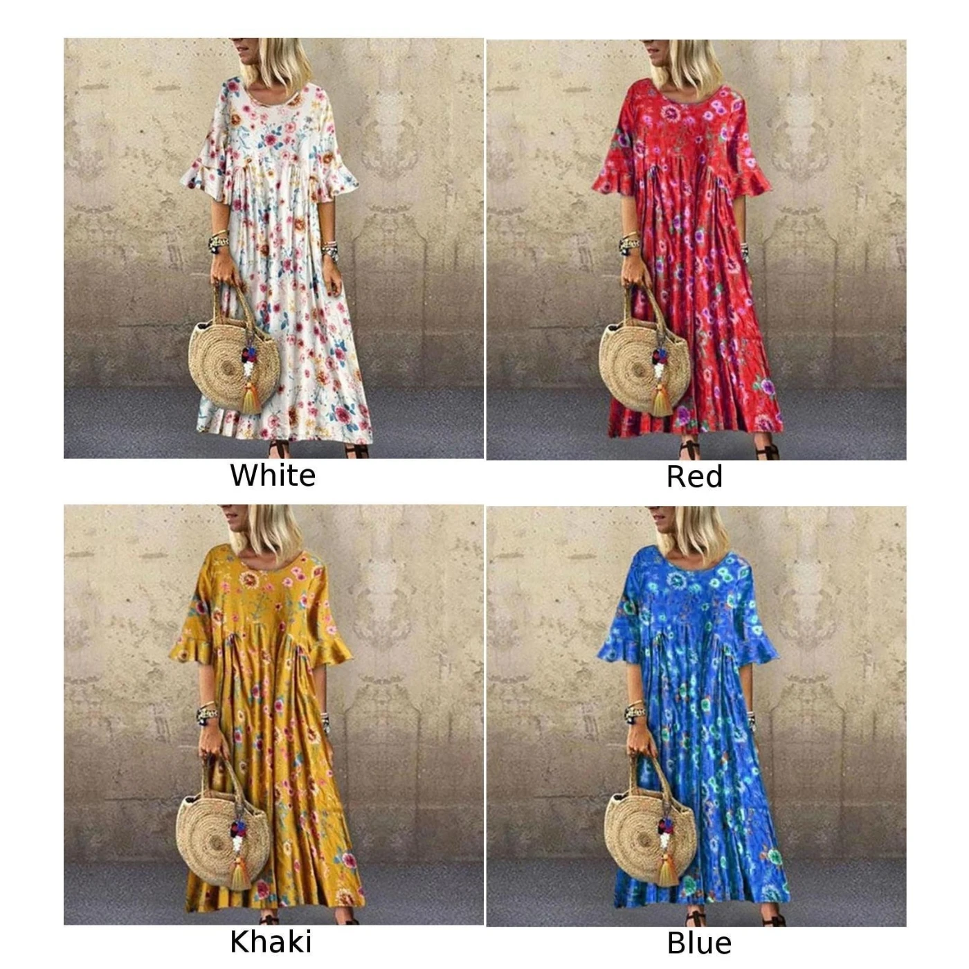 New Ladies Casual Loose Printed Short Sleeve Round Neck Beach Cocktail Party Boho Dress