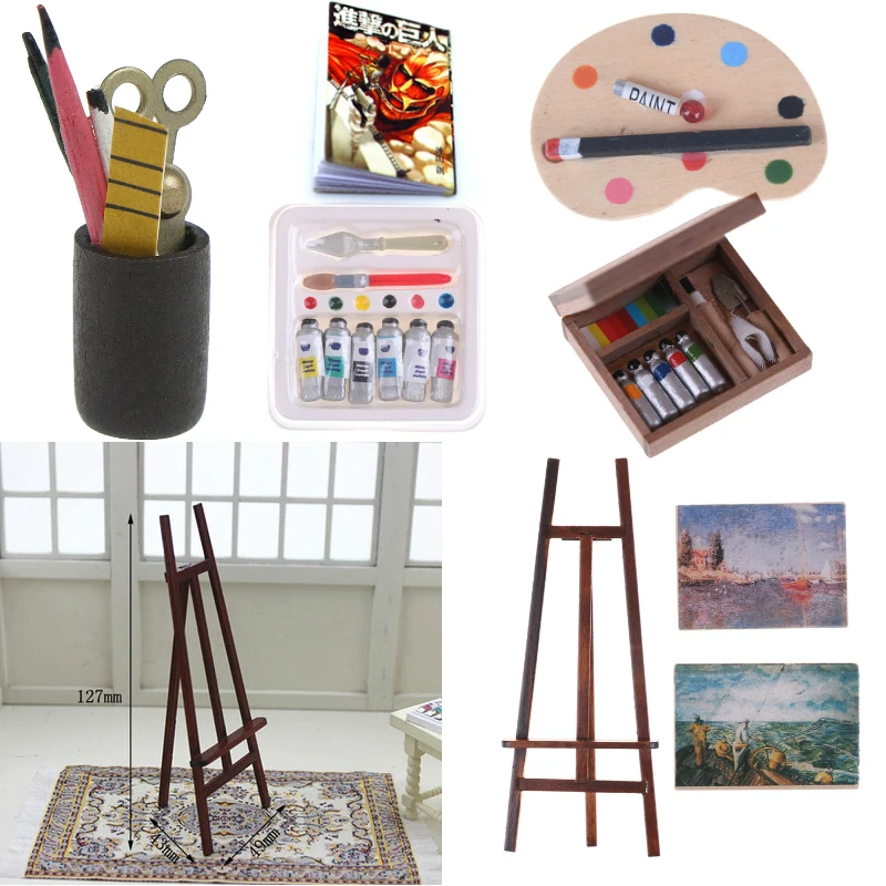 

Dollhouse Mini Portrait Drawing Frame Drawing Board Mini Painting Box Pigment Sticks Simulation Doll House Accessories