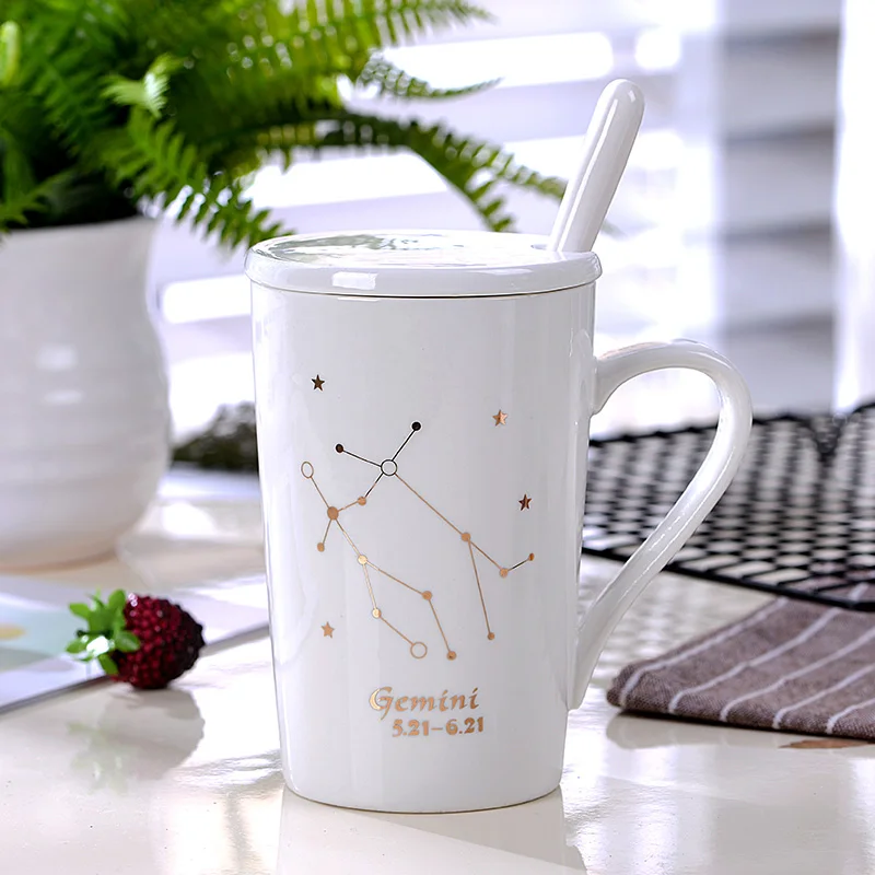 Оригинальная кофейная кружка 12 созвездий, черно-белые фарфоровые кофейные молочные кружки с крышкой, ложкой, керамическая чашка для кухни в скандинавском стиле, 380 мл - Цвет: Gemini