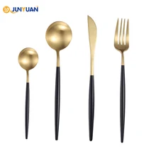 

JUNYUAN 4Pcs/Set Stainless Steel Black Dinnerware Set Gold plating Cutlery Dinner Tableware Kitchen Accessories Western Fork Set
