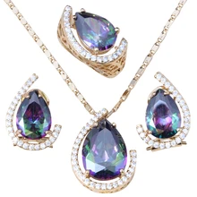 Гламурный Радужный Мистик белый кубический цирконий Золотой Цвет Ювелирные наборы серьги кулон кольцо Бесплатный подарок сумка T110A