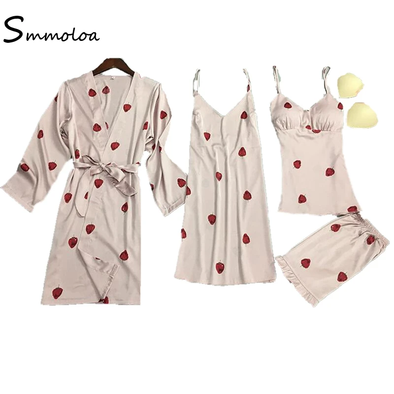 Smmoloa женские комплекты из 4 предметов шелковая атласная пижама с вышивкой пижамы новые