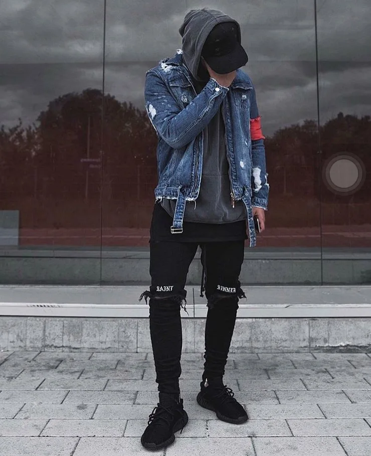 Hi-Street Men Ripped Ribbon jeans Jackets washed Distressed Denim Man Justin Bieber Slim Fit Streetwear HipHop Vintage Jacket