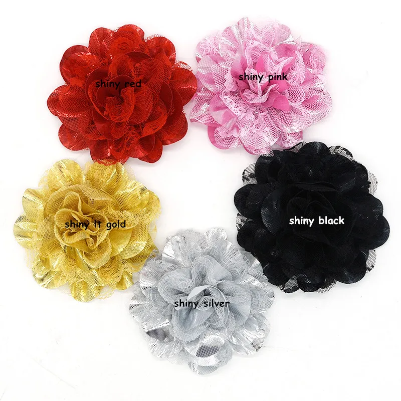 Самодельные Цветы Дети Boutique-3.75inch блестящие шифоновый кружевной цветок 20 шт./лот наклейки на ногти серебряная ткань фабричного производства цветок