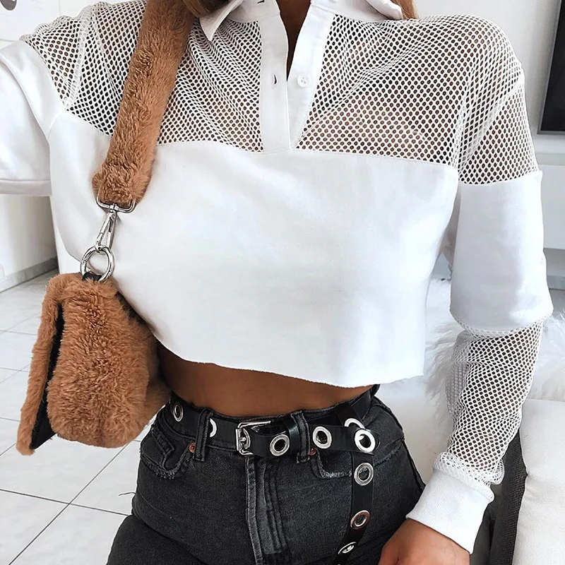 Fitshinling 2019 Autumn Mesh Patchwork Sweatshirt Female Crop Top Hollow Out Slim White Hoodies Women Sweatshirts Streetwear Hot Fitshinling 2019 Autumn Mesh Patchwork Sweatshirt Female Crop Top Hollow Out Slim White Hoodies Women Sweatshirts Streetwear Hot