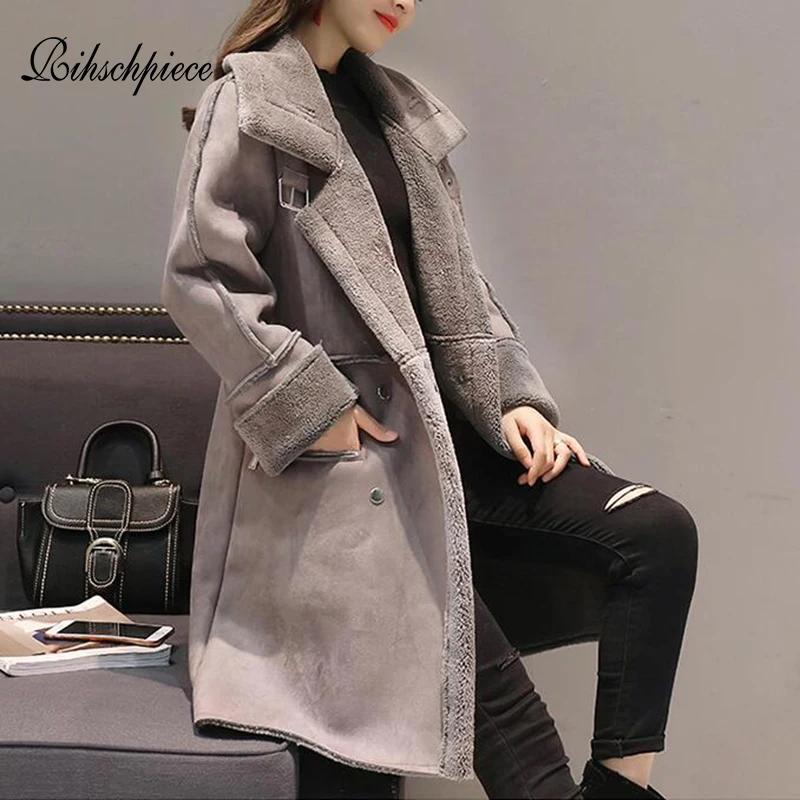 Rihschpiece Winter Suede Long Jacket Women Velvet Parka Thick Fur Coat Warm Vintage Casual Pocket Clothes Outwear RZF1520