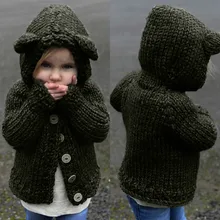 Зимнее пальто для маленьких девочек; коллекция года; Модный Детский свитер; плотный теплый вязаный пуловер; Однотонный свитер с капюшоном и ушками; Верхняя одежда; От 1 до 6 лет