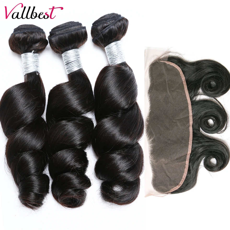 

Vallbest 100% Human Hair With Frontal Loose Wave Hair 3 Bundles With Closure Frontal Free Part 4X13 Natural Black Remy Hair Weav
