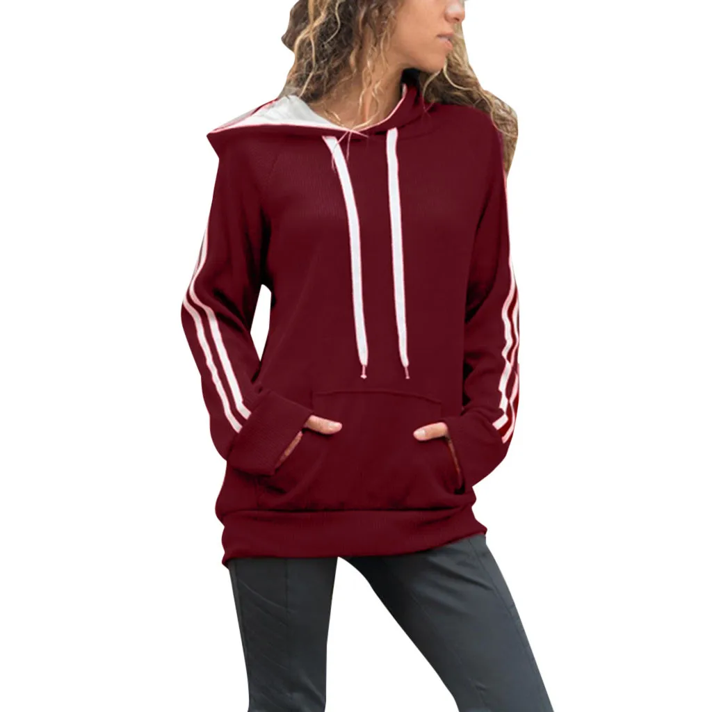 

CHAMSGEND women's fashion striped solid color long-sleeved hooded sweater loose casual warm sweatshirt sports training shirt