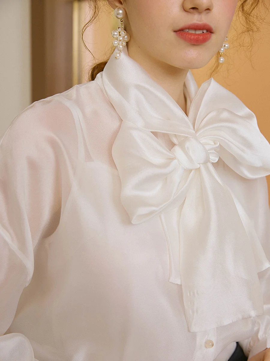 

LYNETTE'S CHINOISERIE Summer Women Cute Bow Collar Sunscreen See-through Ultra Loose Elegant White Shirts/Blouses 2 Colors