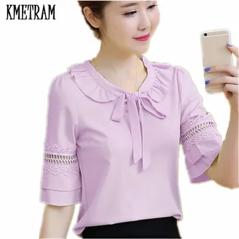 

KMETRAM 2019 Fashion Women Short Sleeve Blouses Solid Color Chiffon Shirts Casual Ladies Clothing Female Blusas Women Tops HH850