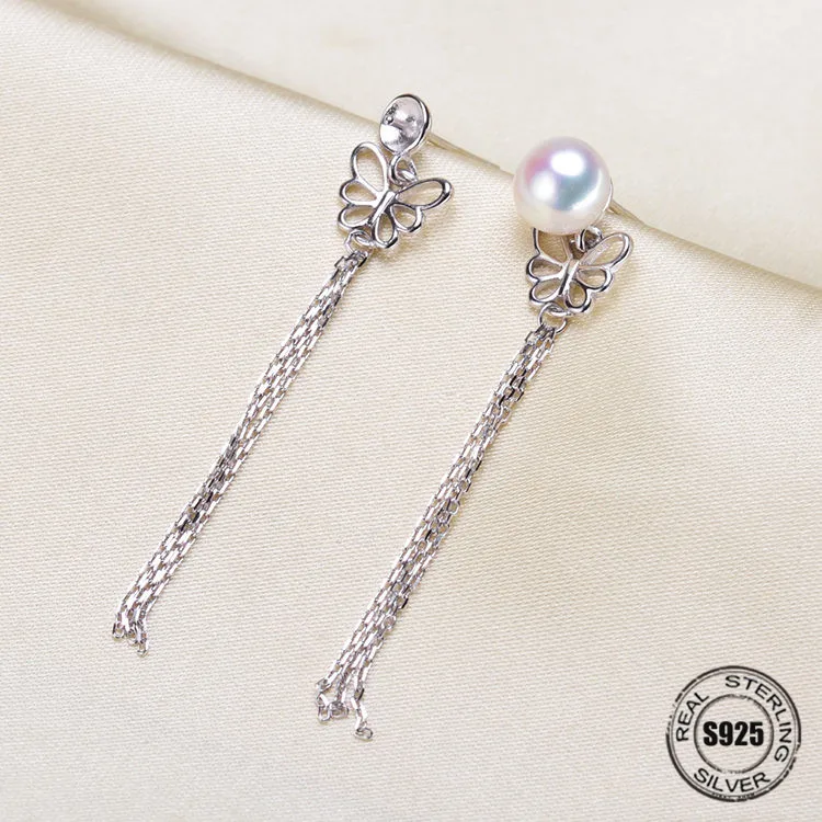 

2018 Hot New Fashion Genuine 925 Sterling Silver Butterfly Double Pearls Long Earring For Women Wedding Fine Jewelry
