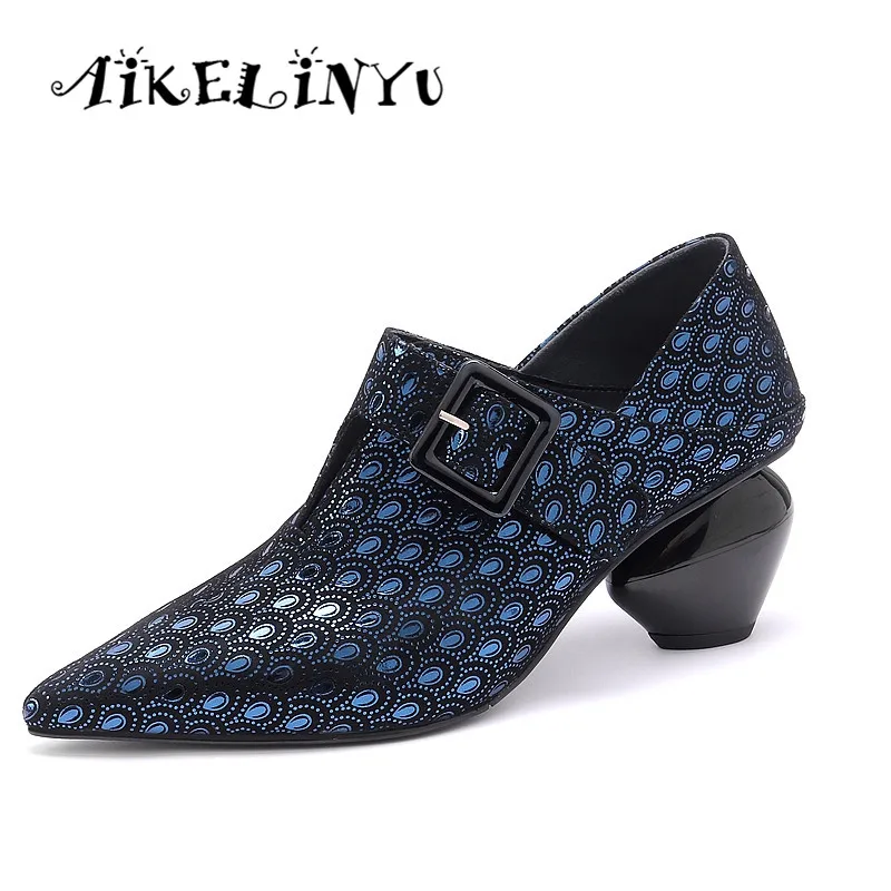 

AIKELINYU Autumn Fashion Embossing Genuine Leather Pumps Coarse Heels Pointed Toe Pointed Toe Shoes Elegant Office Woman Pumps