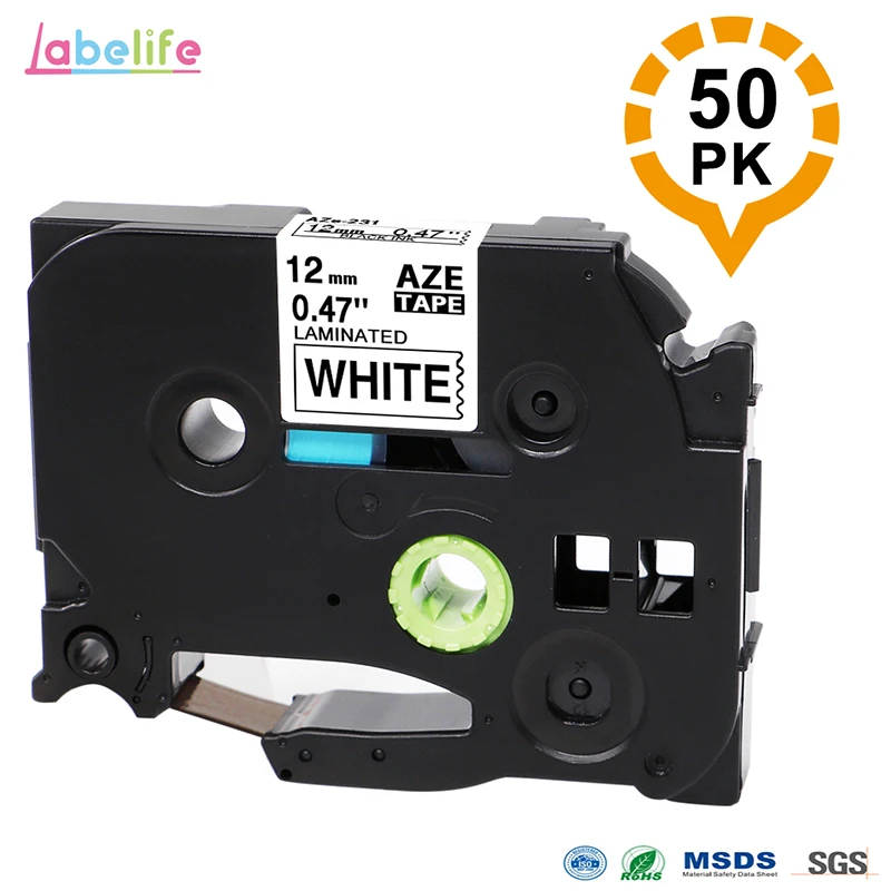 Labelife 50 шт. совместимый Brother PTouch TZe лента для маркировки TZ231 TZe231 TZe-231 черный на белом