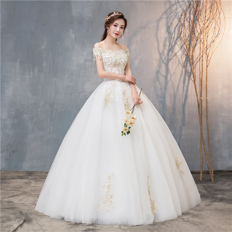 US $49.57 Fashion New Arrival Wedding Dress Gold Lace Embroidery Boat Neck Off The Shoulder Ball Gowns Princess Brides Custom Plue Size 72