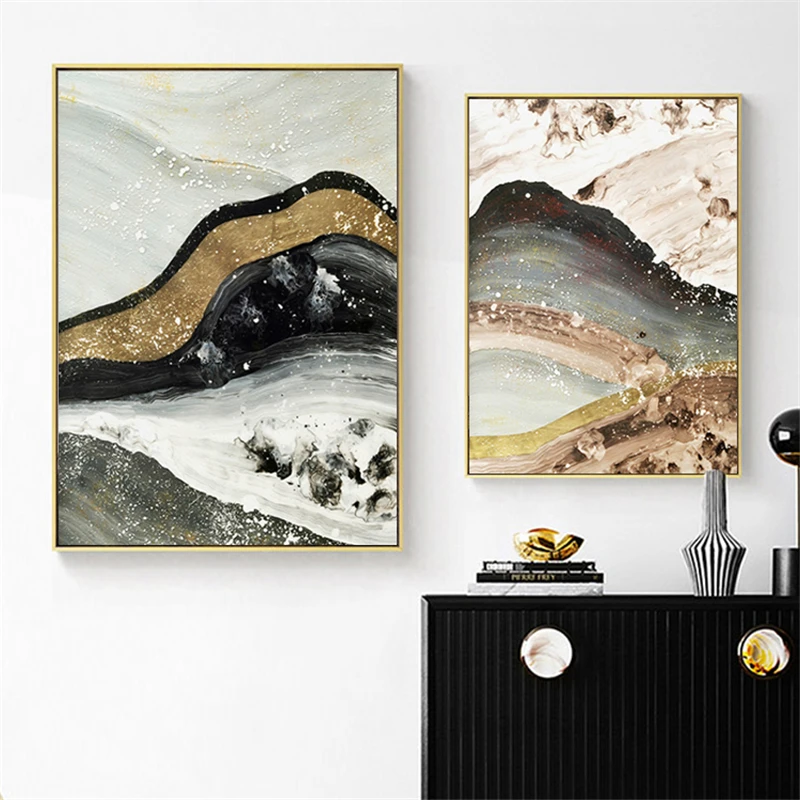 

Chinese Style Ink Abstract Gold Quicksand Mountain Landscape Canvas Painting Living Room Poster Wall Picture Scandinavian Decor