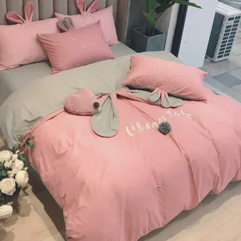 

New Pink Gray Lovely Rabbit Ears Embroidery 100% Cotton Girl Bedding Set Duvet Cover Bed Sheet/Linen Pillowcases Gift For Child