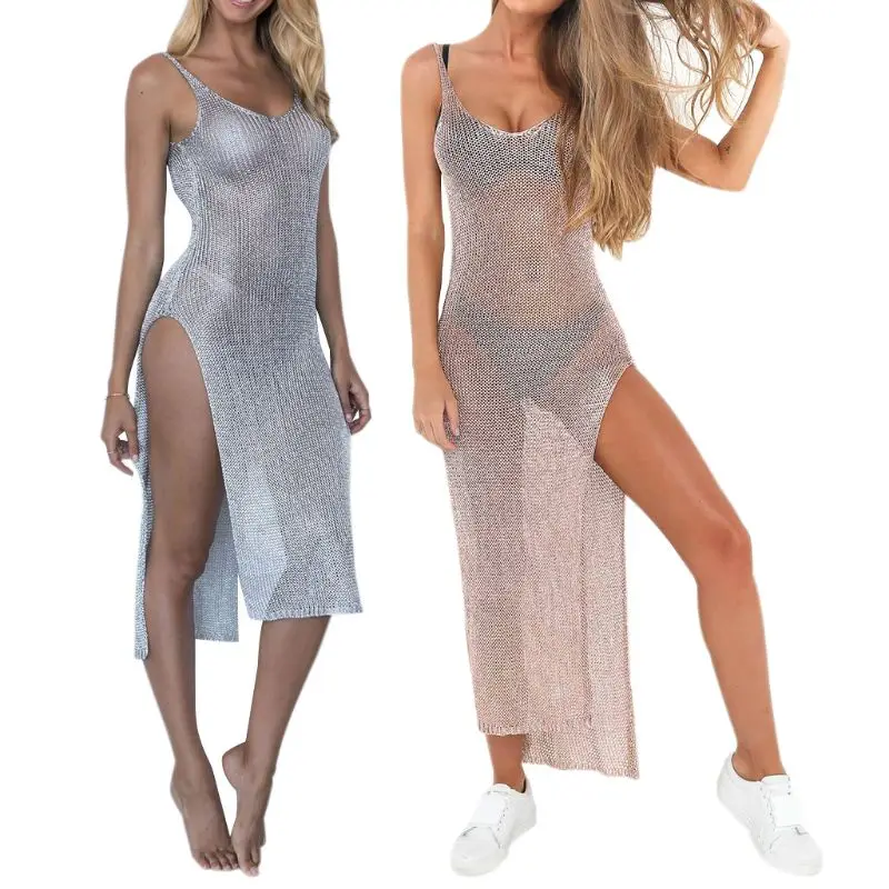 Women Sexy Summer Sunscreen Sheer Mesh Bikini Cover Up Metallic Solid Color Backless High Slit Beach Club Party Sleeveless Dress