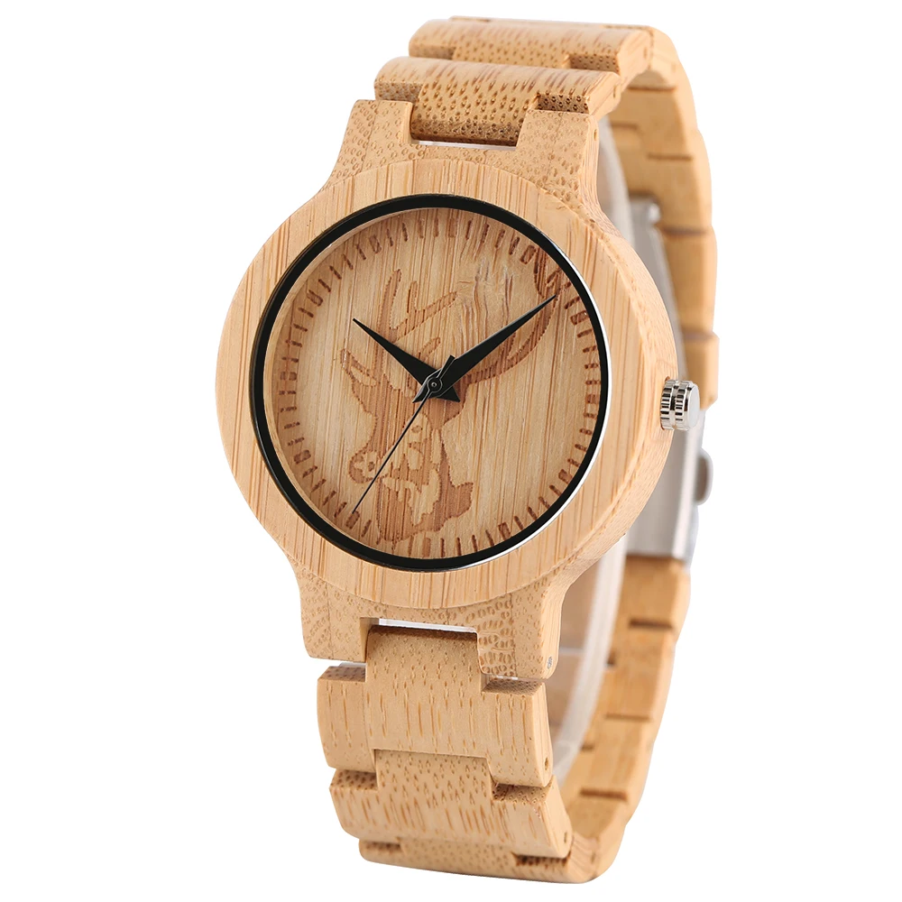 Handmade Whole Wooden Wristwatch Classic Elk Head Deer Carving Vintage Men Women All-match Bamboo Watch Novel Full Wood Clock (2)