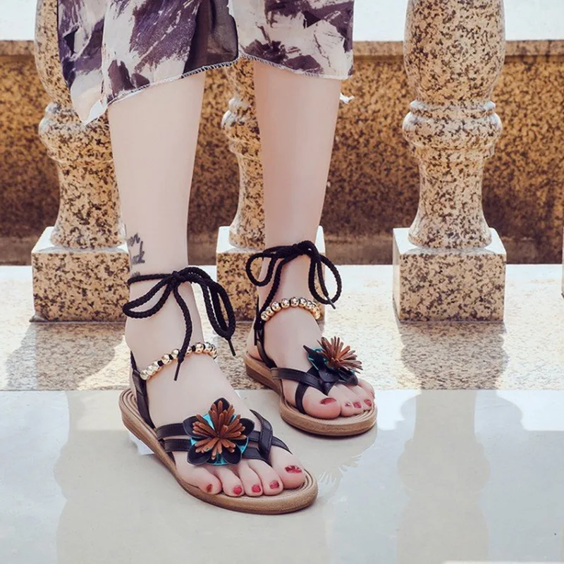 

Puimentiua Thong Sandals Fashion Gladiator Sandals Women Summer Shoes Female Flat Sandals Rome Style Bandage Floral Sandal Shoes