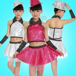 Детская блестками вуаль юбка современного танца джаз танец одежда белый/розовый Девушки Этап выступлений костюмы