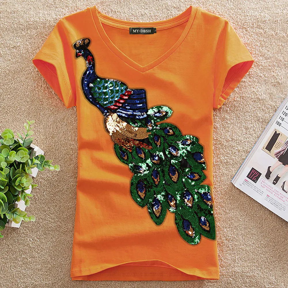 Новейшая повседневная Летняя женская футболка с павлиньими пайетками и вышивкой, хлопковая футболка с коротким рукавом большого размера, крутая футболка, брендовые топы, футболки - Цвет: VOrange
