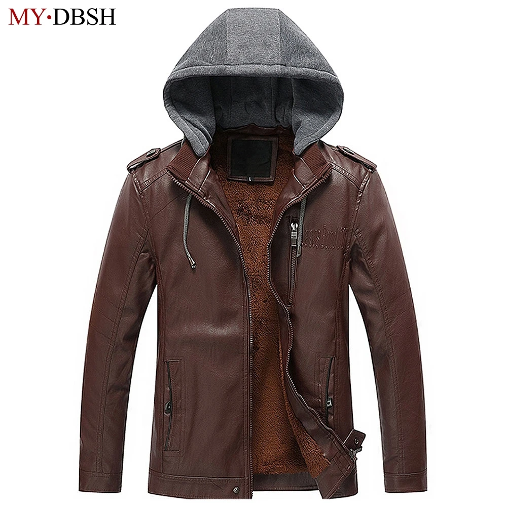 Mens Fashion Motorcycle PU Leather Jacket Removable Hooded