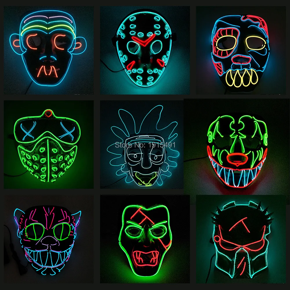 

EL Wire Party Mask Neon LED Glowing Scary mask Anonymous Full Face Mask for Glowing dance Masks Halloween decoration