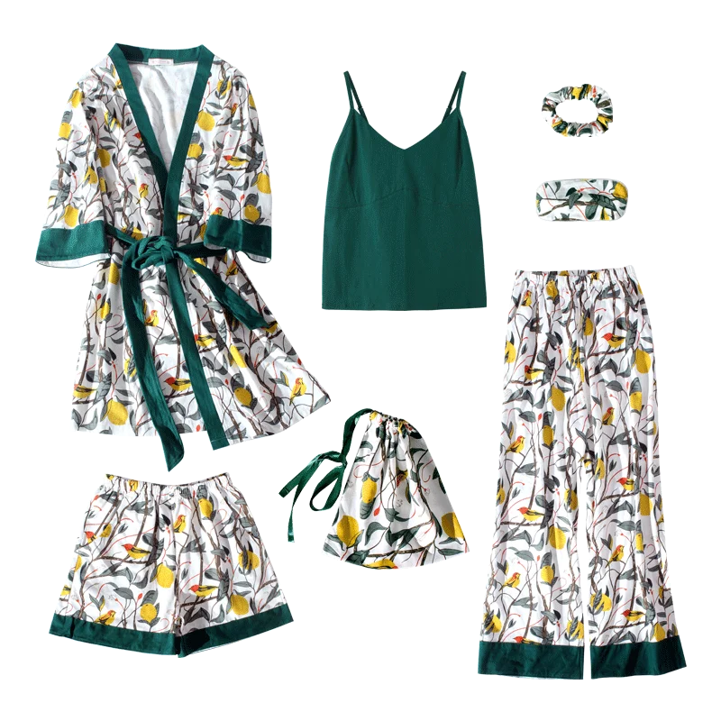 Лето осень зима 7 штук набор хлопок элегантные женские пижамы полный шорты с длинным рукавом Топ эластичный пояс брюки для отдыха халат - Цвет: 5236