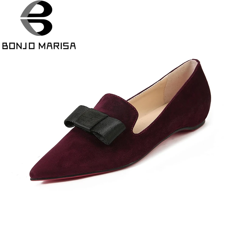 

BONJOMARISA 2018 Fashion Kid Suede Slip On Bowtie Pointed Toe Women Shoes Woman Casual Comfortable Flats Shoes Big Size 34-39