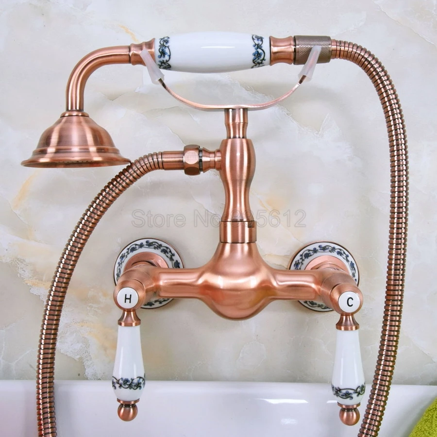 

Antique Red Copper faucets bathroom bathtub mixer tap faucet with telephone hand shower set Bath & Shower Faucets tna304