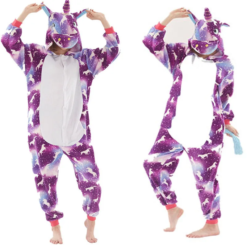 Adult Unisex Pajamas sets Cartoon flannel pijama Winter animal ladies pajamas Kigurumi warm hoode female sleepwear women pajamas - Цвет: purple moon unicorn1