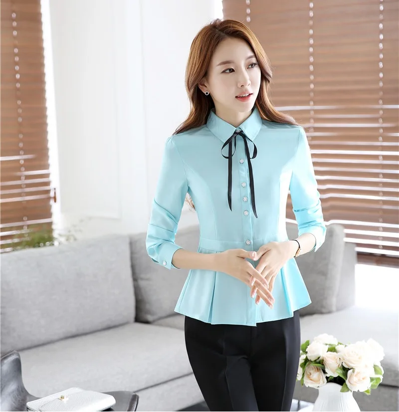Spring Autumn Fashion Ladies Work Blouses Women Sky blue Shirts Long Sleeve Office Uniform