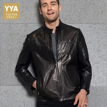 Евро мужская приталенная мотоциклетная куртка со стоячим воротником, ветровка на молнии, высокое качество, натуральная кожа, деловые повседневные мужские пальто