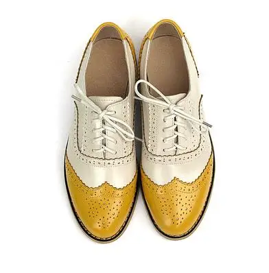 Женские классические ботинки из натуральной кожи на шнуровке с круглым носом в ассортименте 20 цветов - Цвет: Yellow rice white