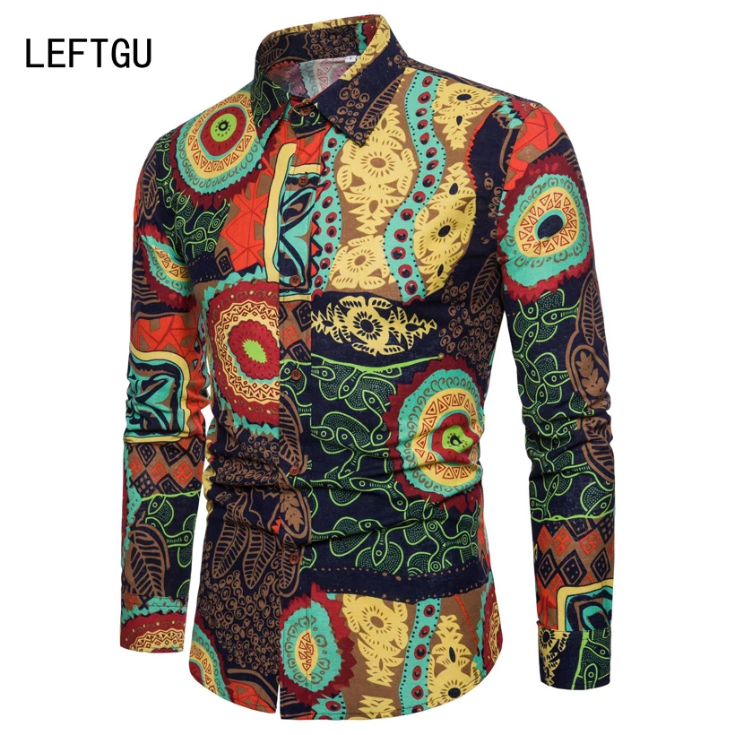 

Spring-Summer Men's shirts Brightly colored Print Slim fit Linen Shirt men Multicolor Casual camisas para hombre clothes DX660