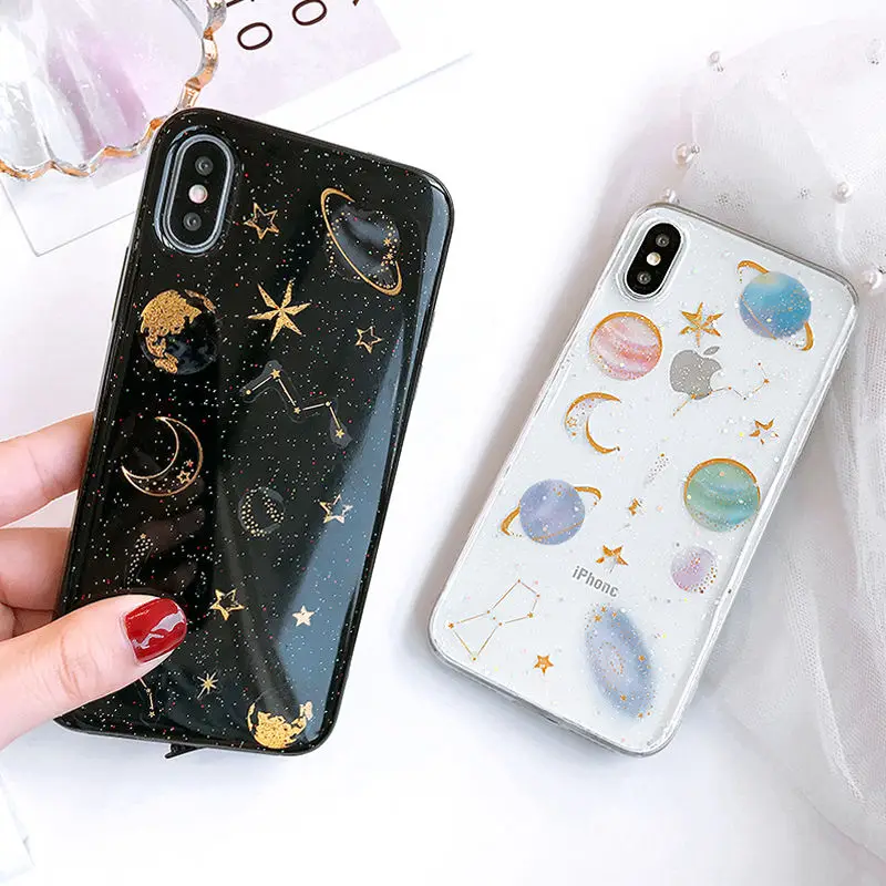 Блестящие чехлы для телефонов с космическими планетами iphone X XS XR Max 7 6 6S 6Plus 8 8Plus