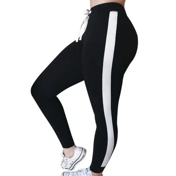 

Laamei High Waist Pants Trouser Women Drawstring Waist Skinny Pants Ribbed Knit Striped Sideseam Sweatpants Fitness Legging