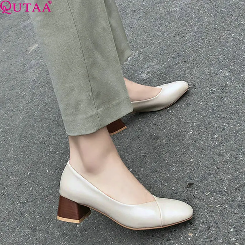 

QUTAA 2019 Women Pumps Fashion Women Shoes Platform Square Toe Slip on Pu Leather Spring/ Autumn Ladies Shoes Size 34-43