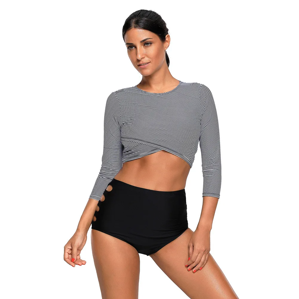 Striped Crop Tops+High Waist Bottoms Rash Guard Swimwear Women Sun