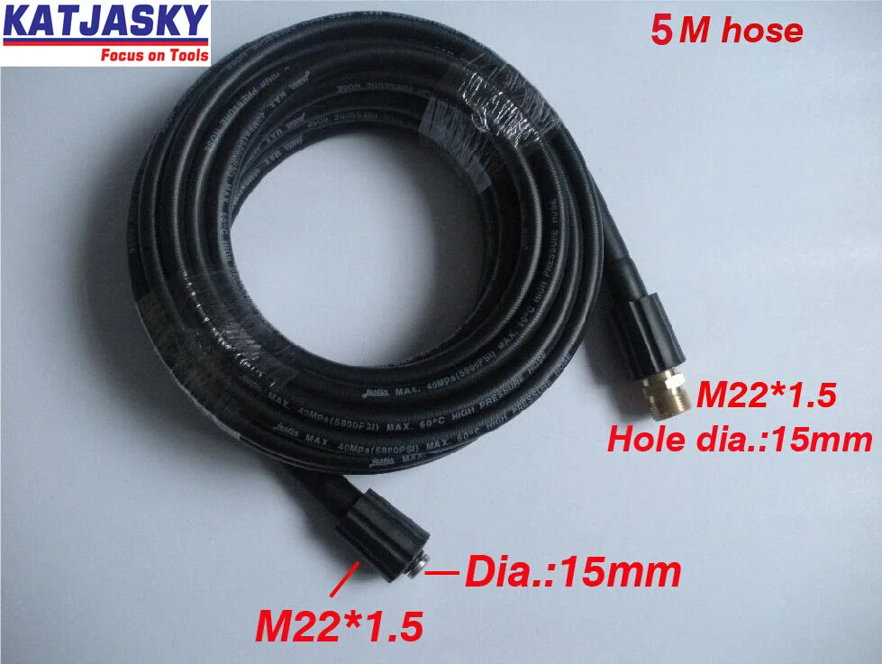

Car washer hose 5M 400Bar 5800PSI,two ends are M22*1.5*15mm with free connector ,high pressure washer hose