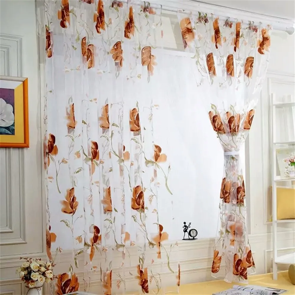 Floral Vines Leaves Tulle Door Window Curtain Drape Panel Sheer Scarf Valances For Living The Room Curtains Decorative#008